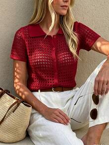 Cévolie 短袖鏤空鈕扣前襟針織開襟衫，時尚百搭青春上衣 - 酒紅色 - 查看 2