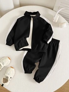 SHEIN 中性嬰兒男/女童、幼兒 2件組秋冬休閒時尚拼色拼接立領運動衫套裝、夾克套裝、嬰兒運動服、嬰兒冬季衣物 - 黑色 - 查看 1