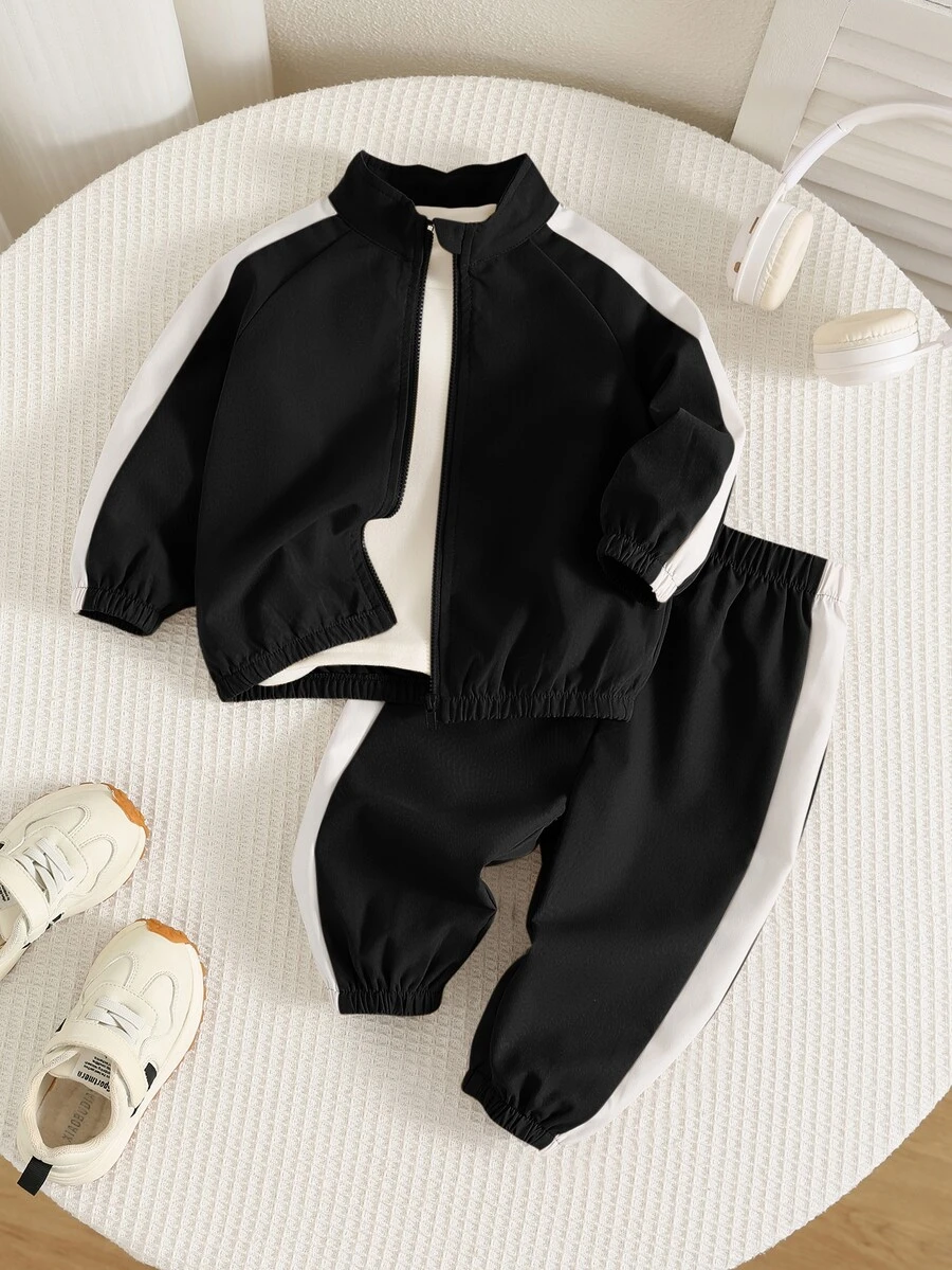 SHEIN 中性嬰兒男/女童、幼兒 2件組秋冬休閒時尚拼色拼接立領運動衫套裝、夾克套裝、嬰兒運動服、嬰兒冬季衣物 - 黑色 - 查看 1