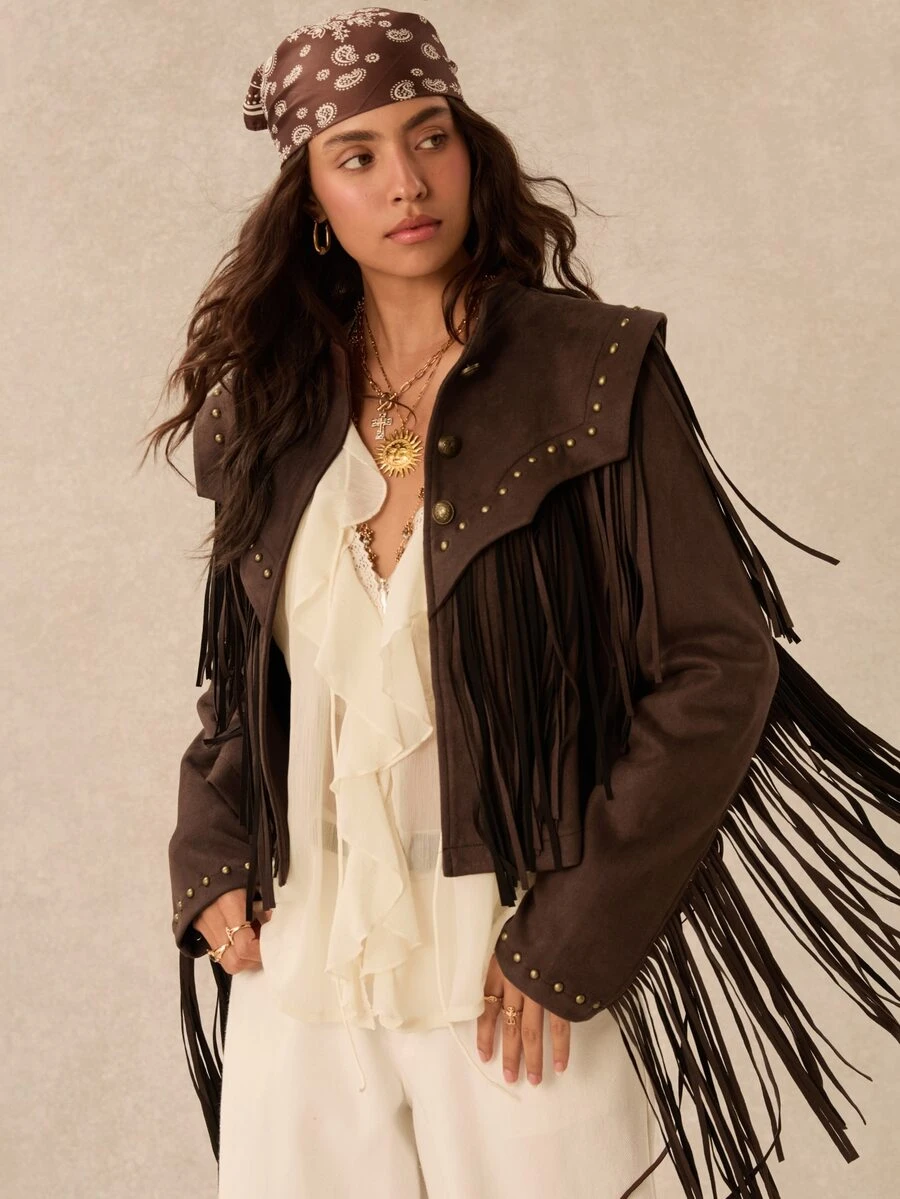 Easelle Chaqueta estructurada holgada para mujer con remaches y flecos, estilo bohemio nómada vintage - Marrón - Ver 1