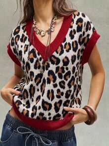 Bohemela Women's Leopard Print Fashion Retro Streetwear Ribbed Patchwork Knit Top Going Out Black And White Leopard Print Autumn - Multicolor - View 1