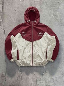 AXEPEAK 男士拼色字母圖案拉鍊休閒日常長袖夾克 - 紅色 - 查看 1