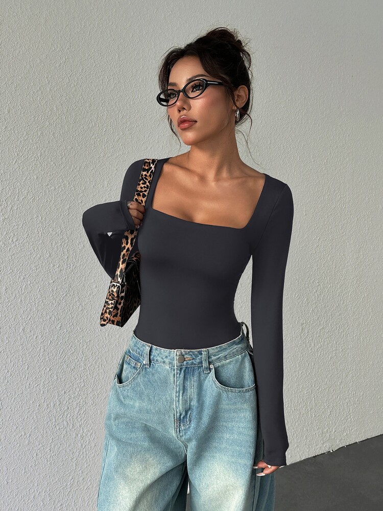 StreetHx Women's Long Sleeve Bodysuit Black Slim Fit Flattering Minimalist Sexy Commute Versatile Night Out Summer - Dark Grey - View 4