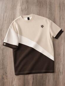 Manfinity Joysei Men's Casual Color Block Letter Print Crew Neck Short Sleeve Brown T-Shirt - Brown - View 1