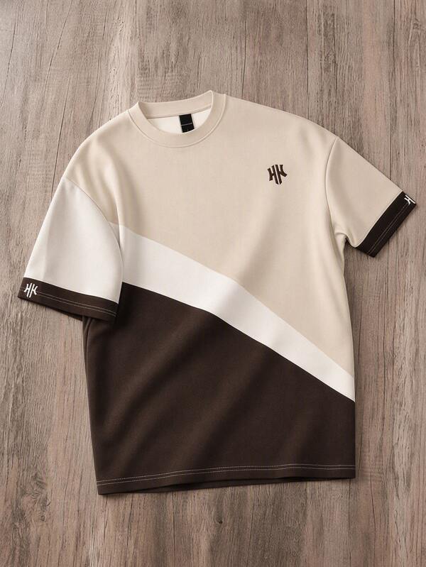 Manfinity Joysei Men's Casual Color Block Letter Print Crew Neck Short Sleeve T-Shirt