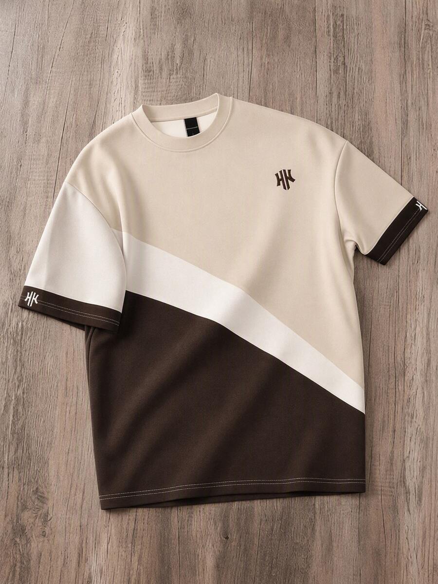 Manfinity Joysei Men's Casual Color Block Letter Print Crew Neck Short Sleeve Brown T-Shirt - Brown - View 1