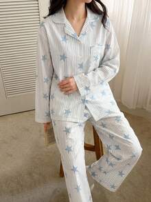DAZY 2pcs/Set Women's Loose Long Sleeve Cardigan Striped Star Pattern Pajama Set Fall - Blue - View 4