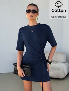 Lavishia Women's Elegant Slim-Fit Ruched Loose Comfortable Pure Cotton Top, Suitable For Casual And Vacation - Navy Blue - View 8