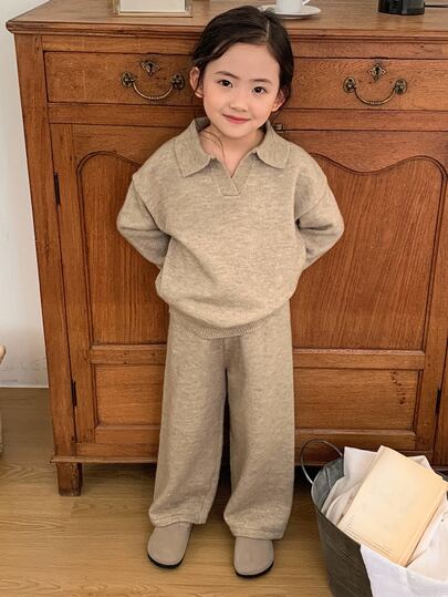Dazy Kids (Gadis Remaja) Setelan 2 Potong Atasan Sweater Lengan Panjang Kasual dengan Kerah Lipat + Celana Panjang Lebar