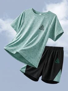 SHEIN Tween Boy Patchwork Geometric Pattern T-Shirt And Shorts 2 Pieces Sports Outfit - Blue - View 7