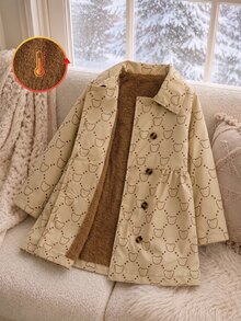 SHEIN 女童熊圖案雙排扣風衣，韓系新風彼得潘領中長版外套，秋冬時尚外衣 - 棕色 - 查看 4