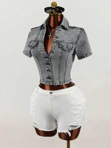 SHEIN 女款單排扣休閒日常牛仔夾克 - 黑色 - 查看 5