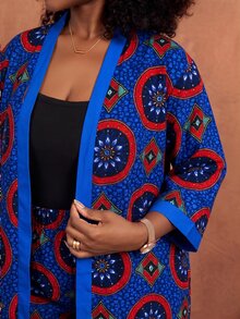 BrightlyHer Plus Size Floral Print Jacket And Loose Pants 2 Pieces Set Vacation Brunch Formal Vacation Blue And Yellow Autumn Boho Elegant Soft Form - Royal Blue - View 6