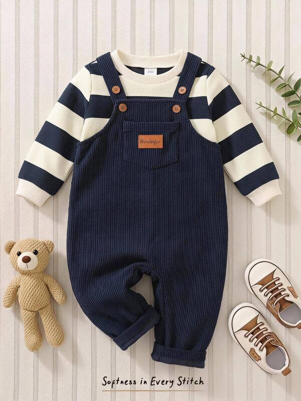 Cozy Pixies Baby Boy Casual Comfortable Versatile Striped Sweatshirt & Overalls Long Pants Set