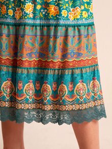 LOTSLUV Women's Spring/Summer Vacation Elegant Colorful Gradient Placement Print U-Neck Sleeveless Ruched Waist Patchwork Lace Trim Print Dress - Olive Green - View 8