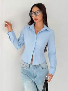 SHEIN PETITE 女款純色休閒百搭日常長袖襯衫 - 淺藍色 - 查看 7