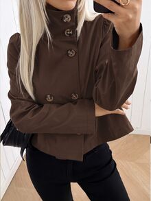 SHEIN EZwear 女款素色雙排扣長袖休閒風衣 - 棕色 - 查看 6