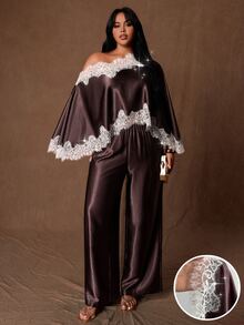 Rustia Setelan 2 Potong Atasan dan Celana Patchwork Berhiaskan Renda Prancis Elegan Ukuran Plus untuk Pesta Koktail Musim Gugur, Warna Cokelat - Purple - View 1