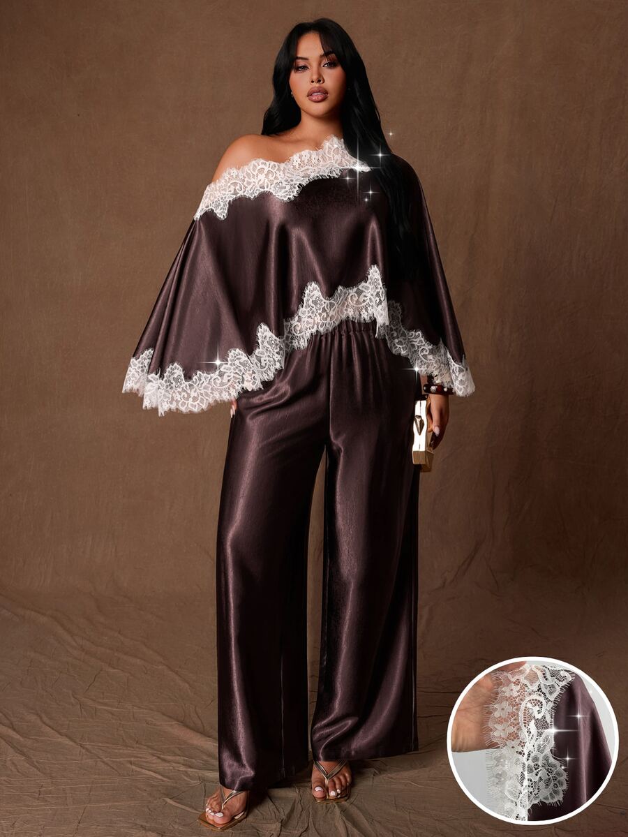 Rustia Setelan 2 Potong Atasan dan Celana Patchwork Berhiaskan Renda Prancis Elegan Ukuran Plus untuk Pesta Koktail Musim Gugur, Warna Cokelat - Purple - View 1