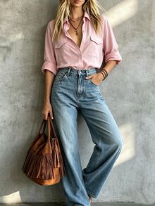 SHEIN Áo sơ mi utility nữ màu hồng nhạt trơn, cổ bẻ, tay dài, thiết kế hai túi ngực, dáng rộng vai trễ, cài nút đơn, đa năng cho đi làm và mặc thường ngày, áo cardigan tay dài dáng rộng - Hồng - Xem 6
