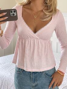 CovetEZ Women's Lace Striped Long Sleeve Casual T-Shirt - Pink - View 2