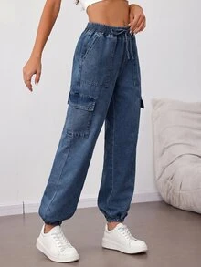 SHEIN Tall 女款腰部綁帶工裝口袋休閒錐腿牛仔褲秋季服飾 - 藍色 - 查看 7