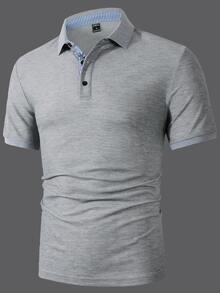 Calvornis 男士拼接條紋短袖休閒通勤 Polo 衫 - 灰色 - 查看 5