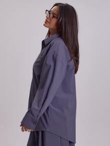 MUSERA Plus Size Blue Stripe Button Down Shirt Top Winter Fall Womens Outfit Casual - Grey - View 3