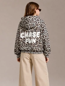 SHEIN Gorro de peluche con estampado de leopardo y patrón de estrella de cinco puntas, estilo casual de calle para niña preadolescente, adecuado para ropa de calle y sudaderas - Marrón - Ver 2