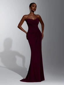 Elitara Elegante Vestido de Fiesta Romántico y Sexy de Malla Elástica Color Burdeos con Fruncido y Bajo de Sirena, Vestido para Invitada de Boda, Vestido para Despedida de Soltera, Vestido de Noche Formal (Chal Gratis) - Burdeos - Ver 7