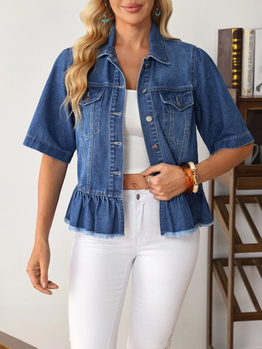 EMERY ROSE Áo khoác denim nữ tay ngắn cài nút đơn gấu bèo nhún - Màu xanh lam - Xem 1