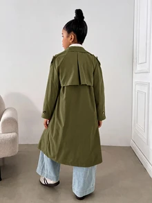 SHEIN 兒童青少年女孩時尚休閒卡其色梭織雙排扣翻領寬鬆長款風衣外套，秋冬款，休閒風格，通勤與街頭穿搭 - 軍綠色 - 查看 2