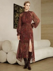 Arave Elegant Mature Style Lace Collar Waist-Cinching Design Flared Sleeve Geometric Print Side Slit Mid-Length Dress For Women - Multicolor - View 3