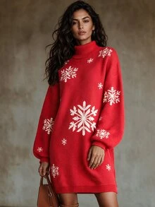 SHEIN Autumn/Winter New High Neck Dropped Shoulder Long Sleeve Ribbed Cuff Contrast Color Snowflake Pattern Jacquard Long Length Fashion Casual Holiday Vacation Long Sweater For Women - Multicolor - View 3