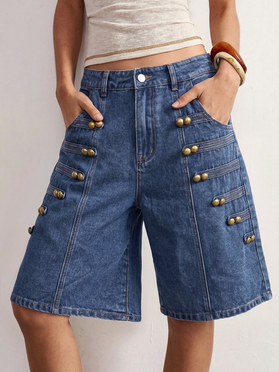 Bohemela Women's Napoleonic Military-Inspired Denim Shorts For Fall, Featuring A Vintage Wash And A Blend Of '70s, '90s, And Y2K Streetwear Styles / Blue - Blue - View 1