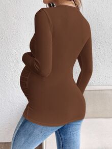SHEIN Maternity Solid Color Ruched Casual Versatile Daily Long Sleeve T-Shirt - Coffee Brown - View 2