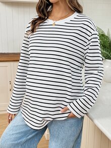 SHEIN Maternity Minimalist Sexy Casual Versatile White Colorblock Long Sleeve T-Shirt,Autumn Formal Office Formal Gender Reveal - Black and White - View 3