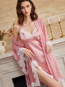 Moireta Women's Sweet Lace Patchwork Dress With Long Sleeve Cardigan Pajama Set - Dusty Pink - View 6