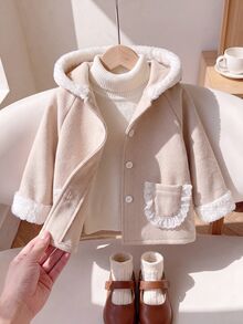 SHEIN Playful Pals 女嬰秋冬款鈕扣拼接連帽時尚百搭長袖新款外套 - 杏色 - 查看 3