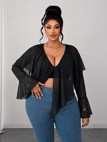 Maweii Plus Size French Sexy Vacation Sexy V-Neck Ruffle Blouse - Black - View 6
