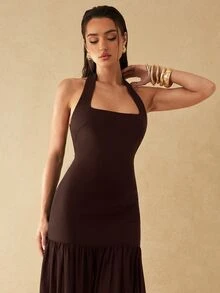 Silquee Spring/Summer Women's New Halter Neck Woven Sleeveless Mesh Hem Black Extra Long Dress, Fashion Casual Romantic - Coffee Brown - View 5