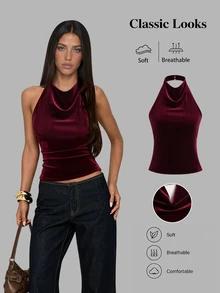 Sweetra Autumn Fashion Design New Elegant Commuter Draped Neck Draped Backless Tie-Up Deep Red Vintage Women's Tank Top For Daily Wear - Burgundy - View 7