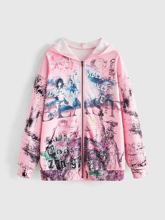 Y2K Fashion Forward Character Scene Text Slogan Collage Print Loose Casual Hooded Long Sleeve Sweatshirt Jacket