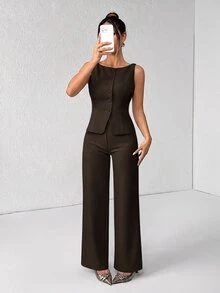 SHEIN PETITE 女款純色圓領單排扣背心與長褲套裝，優雅休閒通勤西裝風，夏秋服飾套裝，辦公商務穿搭 - 咖啡棕 - 查看 3
