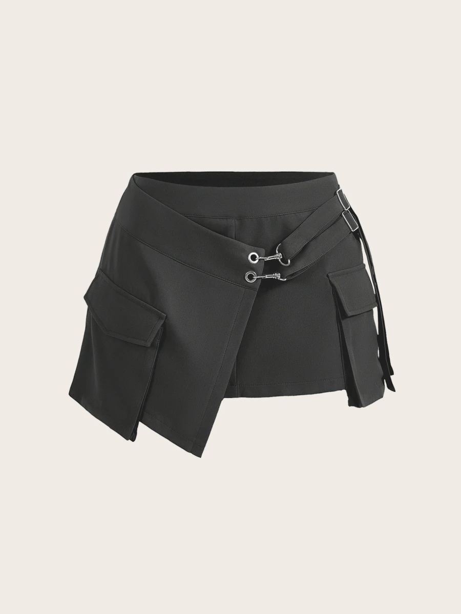 SHEIN ICON 不對稱層次 3D 口袋低腰裙 - 灰色 - 查看 1
