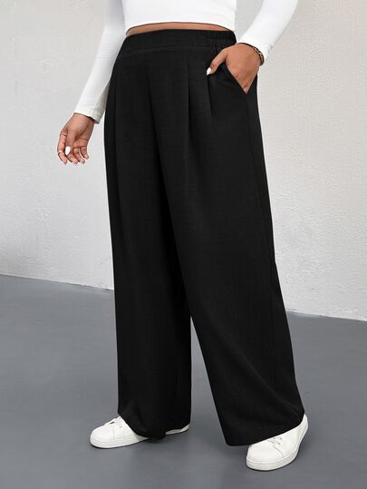 Shapeblank Plus Size Women's Spring/Autumn Fashion Casual Loose Comfortable Everyday All-Match Versatile Slimming Elastic Waist Khaki Wide Leg Pants, Women's Bottoms, Autumn Pants, Minimalist Style, Outdoor Wear