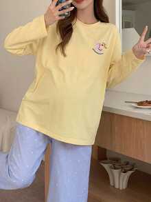 Dazy Maternity Letter Print Loose Long Sleeve T-Shirt & Plaid All-Over Print Long Pants Casual Daily Home Wear Spring Autumn Maternity 2 Pieces Set Vacation - Yellow - View 4