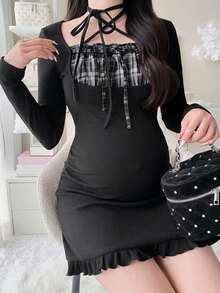 Dazy Maternity Patchwork Contrast Color Fitted Long Sleeve Ruched Trim Casual Vacation Spring Autumn Maternity Dress - Black - View 4