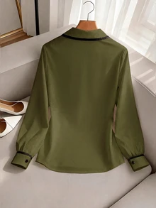 SHEIN Franclia 對比色休閒戶外襯衫，極簡休閒，戶外，通勤 - 軍綠色 - 查看 2