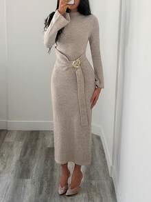 Elenzga Women's Autumn/Winter Elegant Semi-High Neck Slim Fit Metal Button Bell Sleeve Knit Sweater Dress - Apricot - View 5